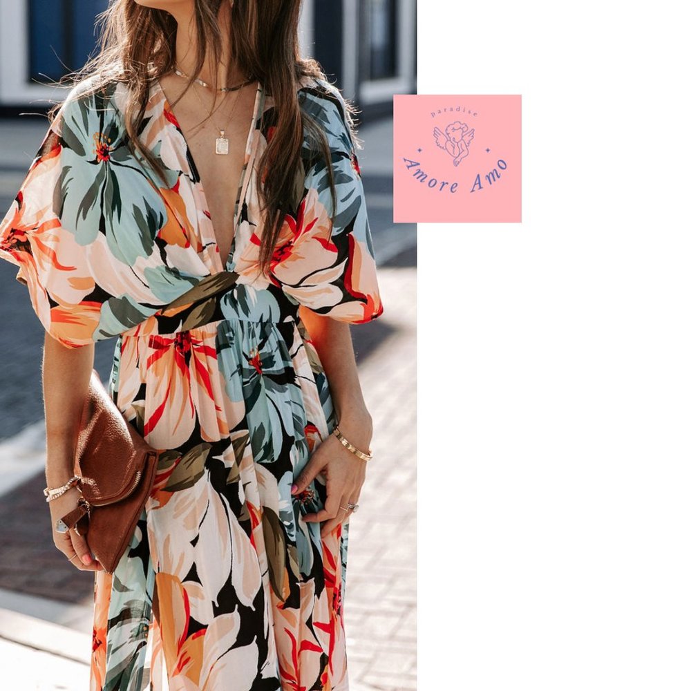 Kim K Dress 🌸 Kimono Bohemian Maxi Tunic Leg Slit Orange Pattern Dress - Picture 4 of 8